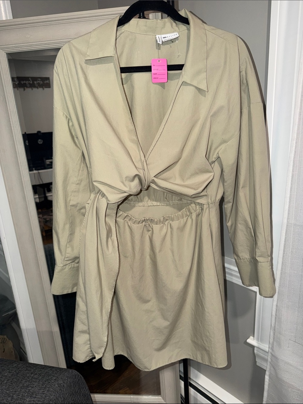 Light Khaki Tie-Front Shirt Dress